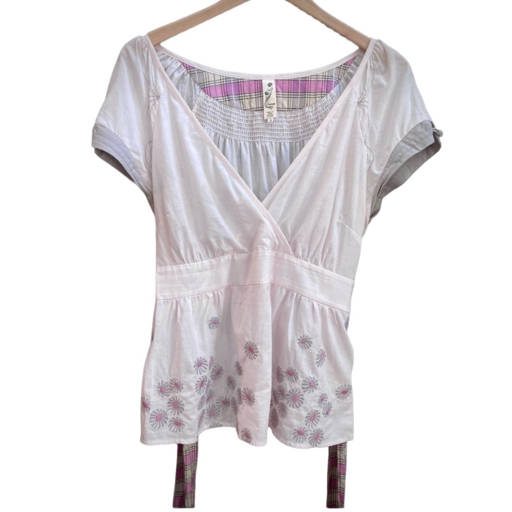 Floreat White and Pink Floral Wrap-Style Short Sleeve Top
